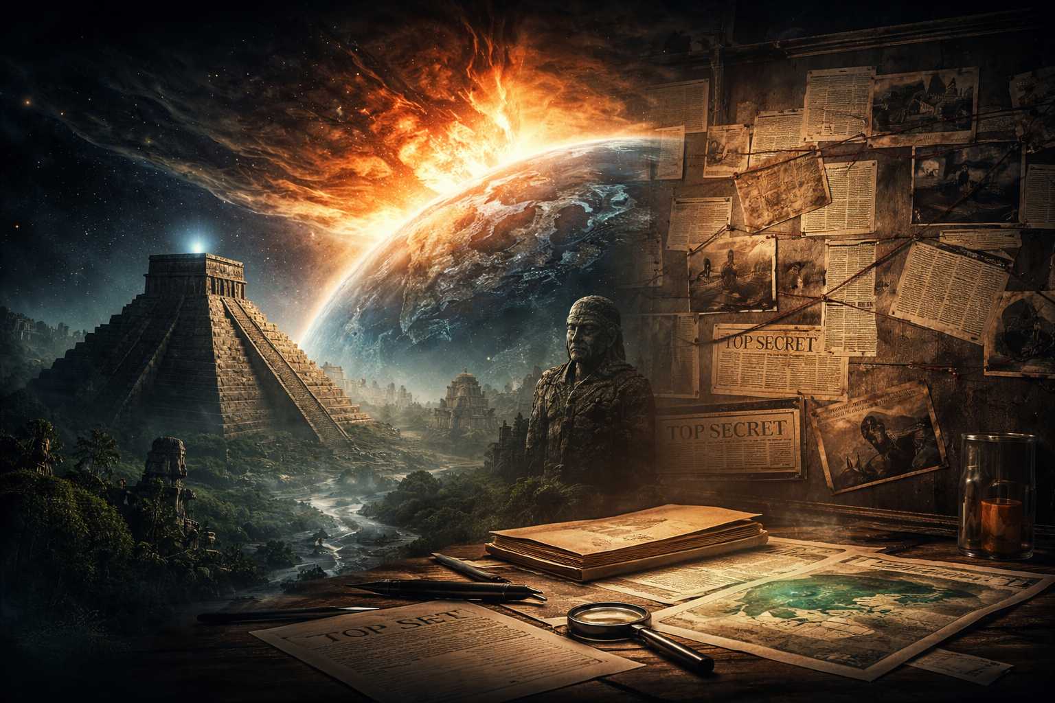 Dark misty landscape with ancient ruins